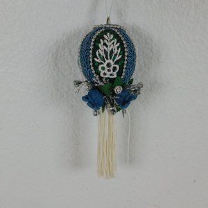 Handmade Fabric Rose Tassel Blue Silver Ball Christmas Tree Ornament 3" Dia 6" L